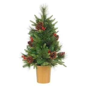 3ft (90cm) Christmas Tree Red Berries Cones Mixed Pine Gold Pot