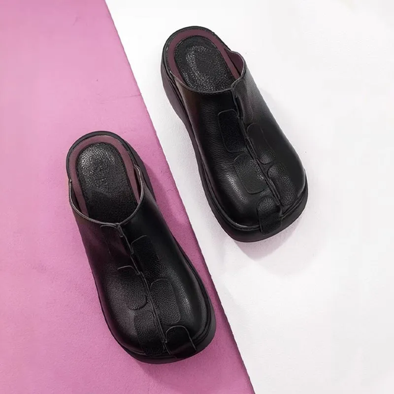 60mm Platform Slippers Leather Mules for Women Backless Loafers in Black