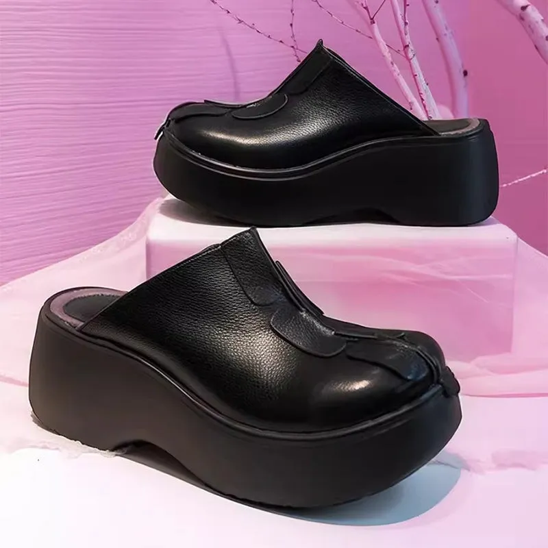 60mm Platform Slippers Leather Mules for Women Backless Loafers in Black