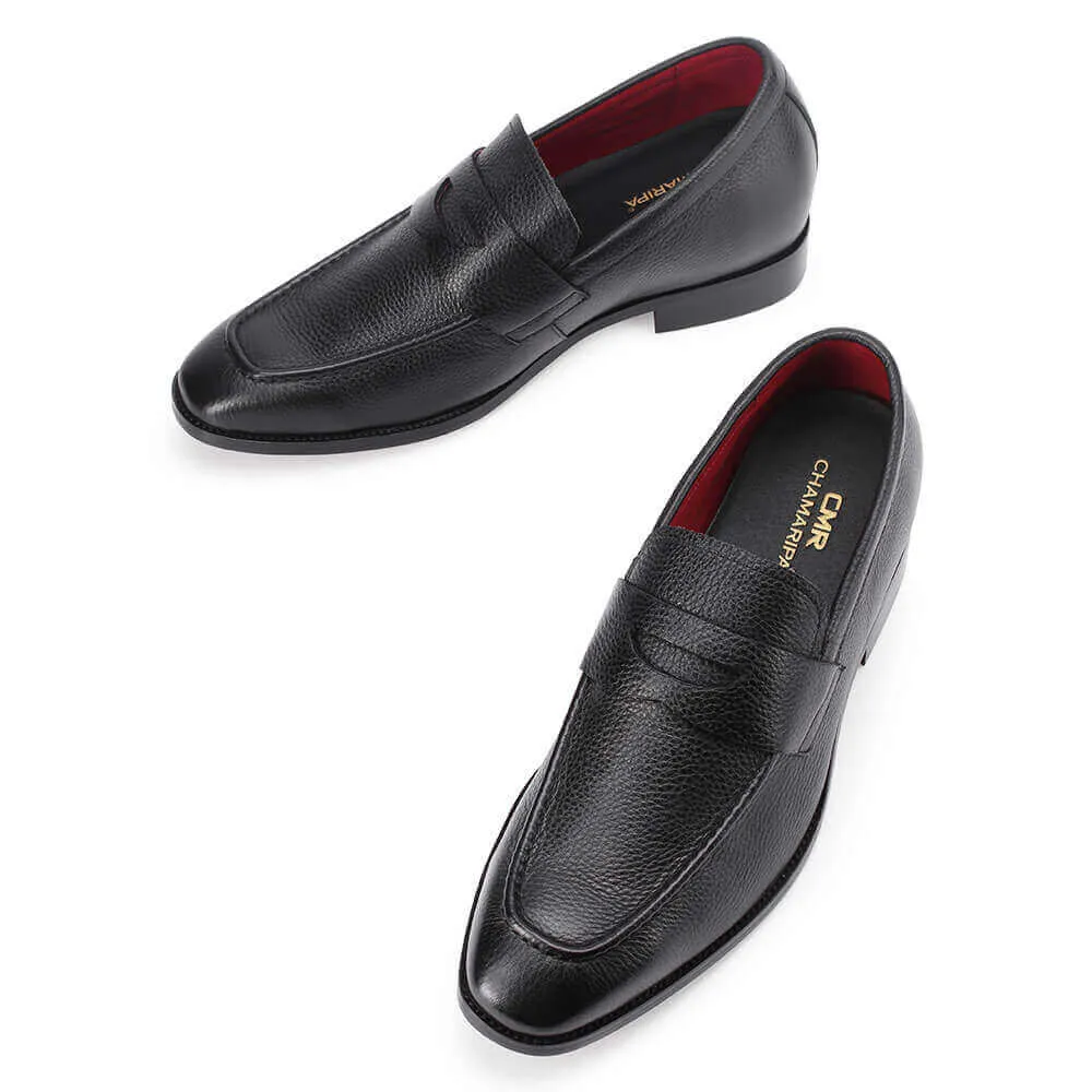 7 CM / 2.76 Inches Taller - CMR CHAMARIPA Loafer Shoes That Add Height - Grain Penny Loafer - Black