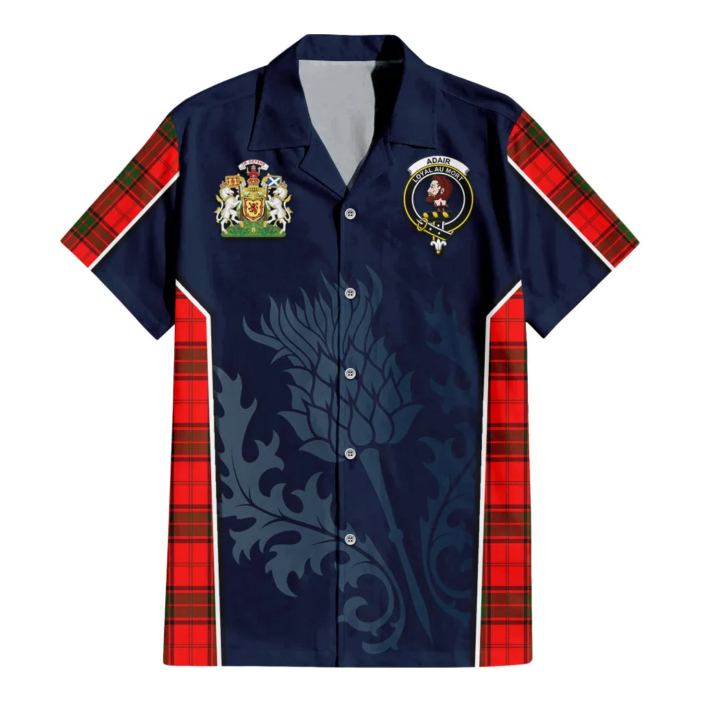 Adair Tartan Short Sleeve Button Up Shirt with Family Crest and Scottish Thistle Vibes Sport Style