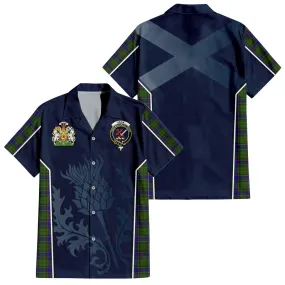 Adam Tartan Short Sleeve Button Up Shirt with Family Crest and Scottish Thistle Vibes Sport Style