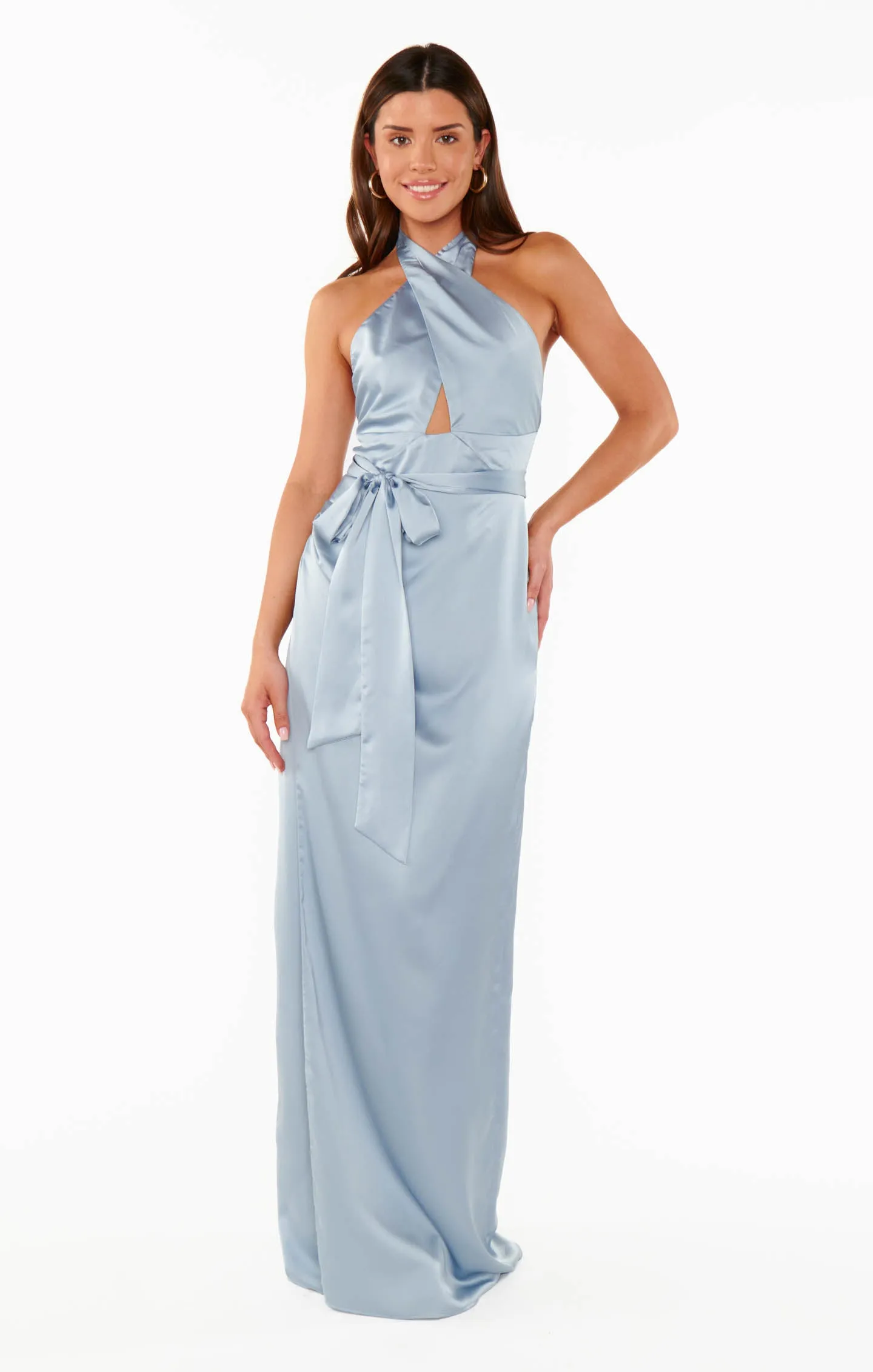 Adele Halter Maxi Dress ~ Steel Blue Luxe Satin