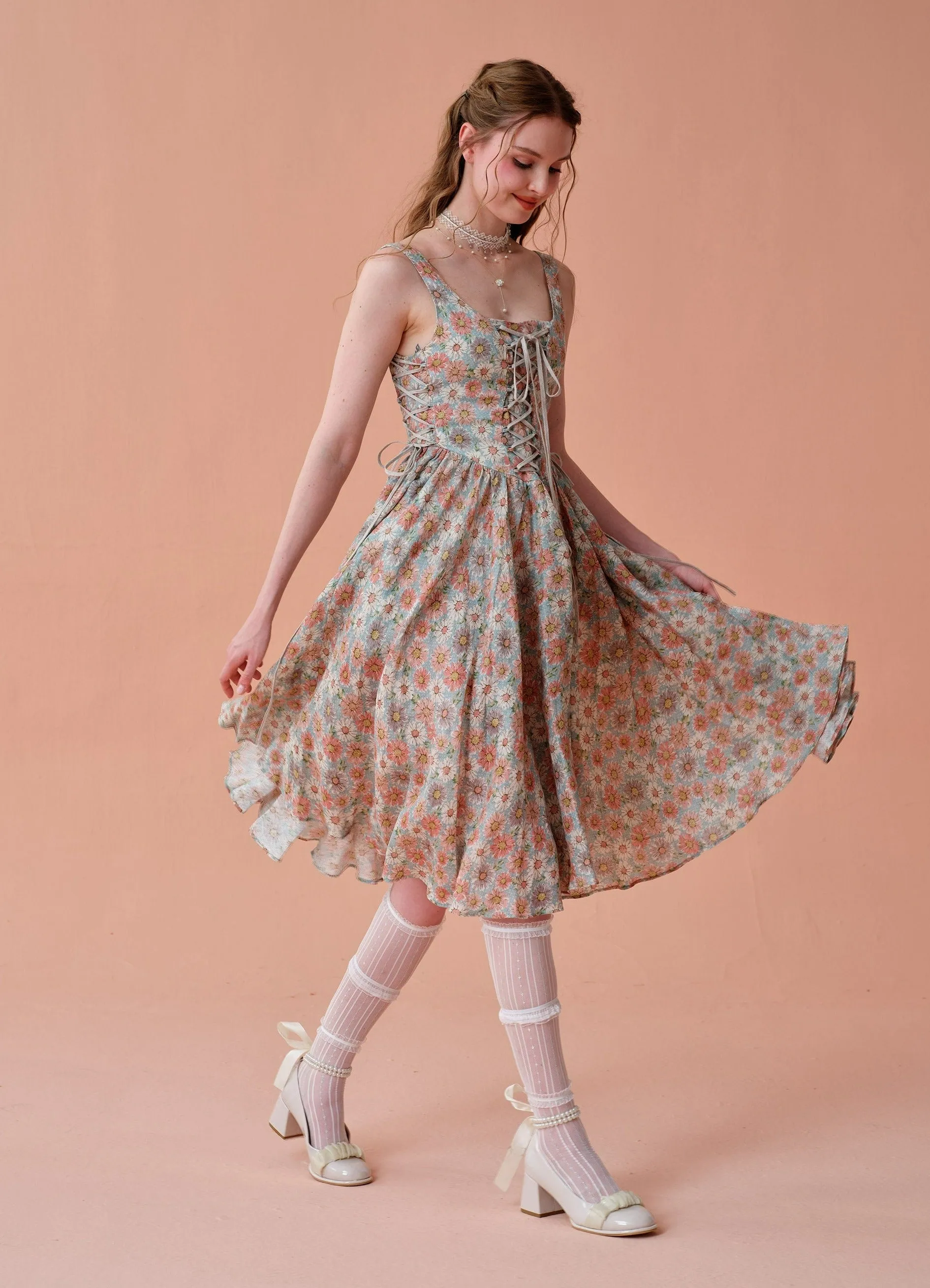 Adelia 17 | lace up daisy linen dress