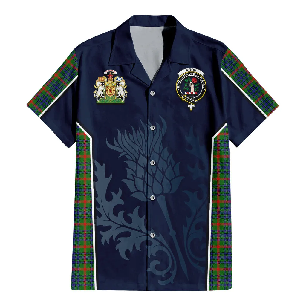 Aiton Tartan Short Sleeve Button Up Shirt with Family Crest and Scottish Thistle Vibes Sport Style