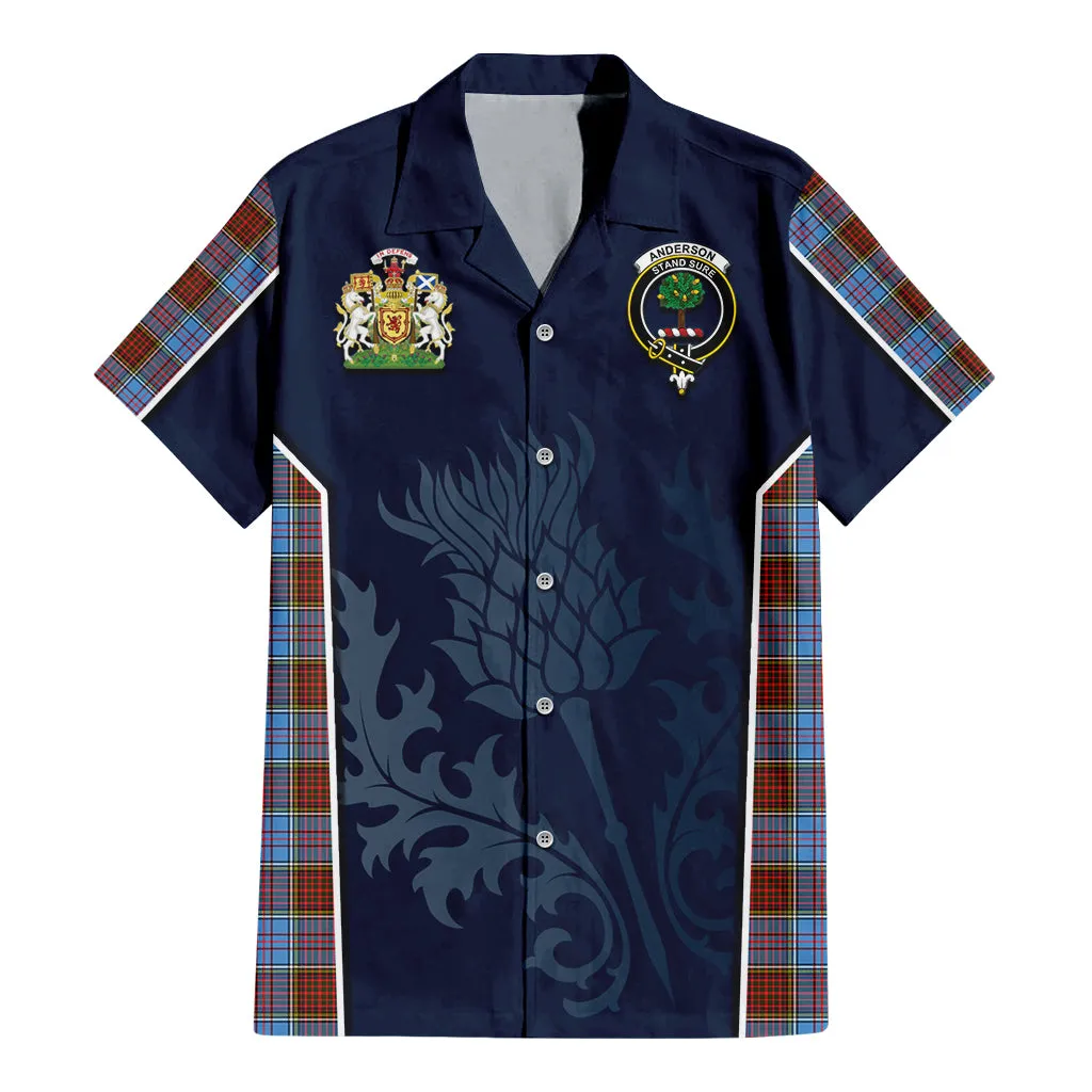 Anderson Modern Tartan Short Sleeve Button Up Shirt with Family Crest and Scottish Thistle Vibes Sport Style