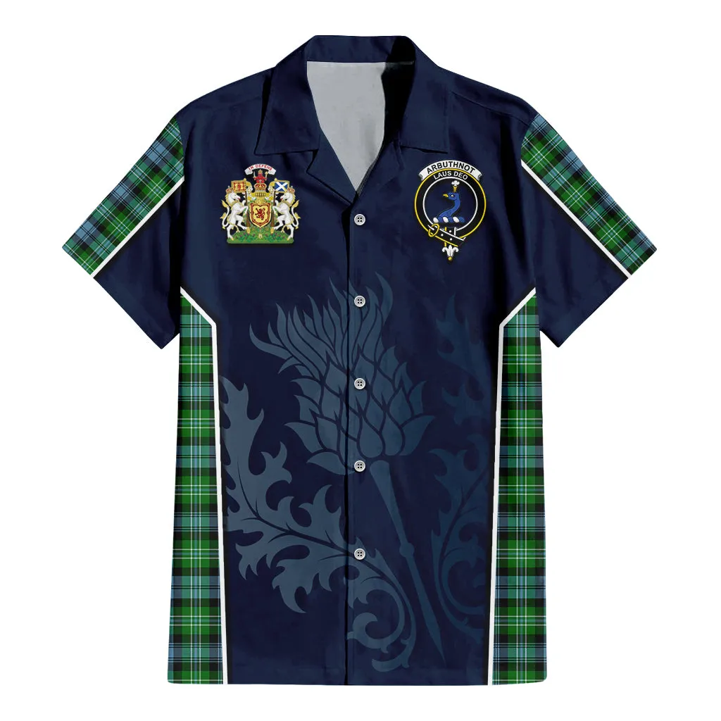 Arbuthnot Ancient Tartan Short Sleeve Button Up Shirt with Family Crest and Scottish Thistle Vibes Sport Style