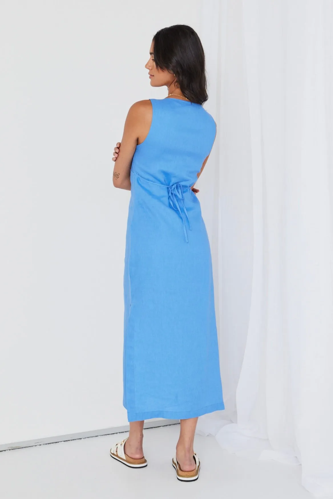 Azalea Cornflower Linen Sleeveless Empire Midi Dress