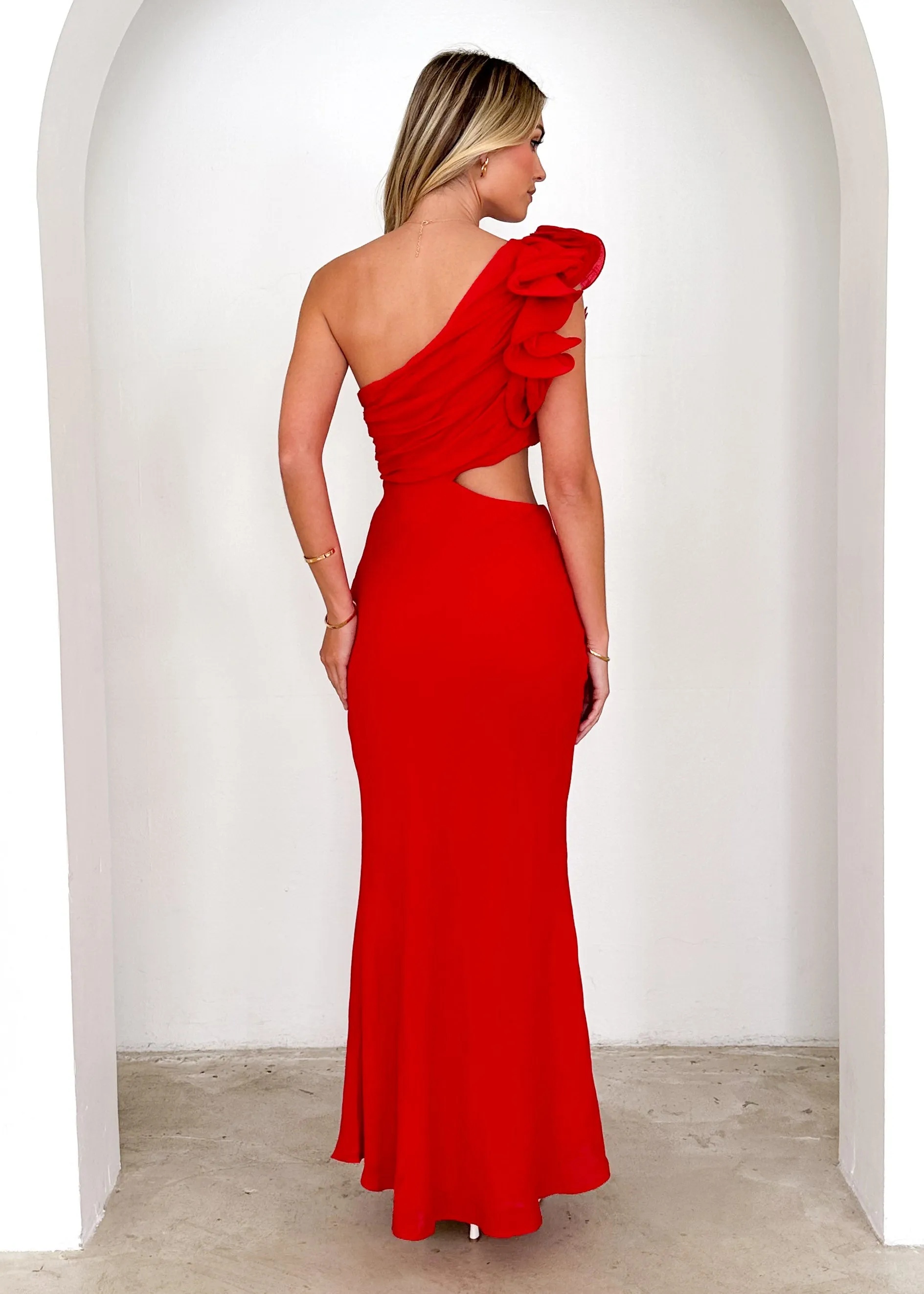 Azra One Shoulder Midi Dress - Scarlet