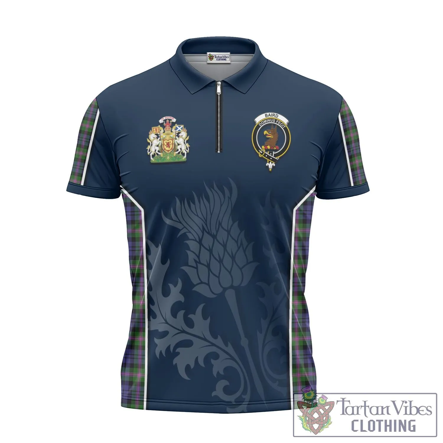 Baird Modern Tartan Zipper Polo Shirt with Family Crest and Scottish Thistle Vibes Sport Style