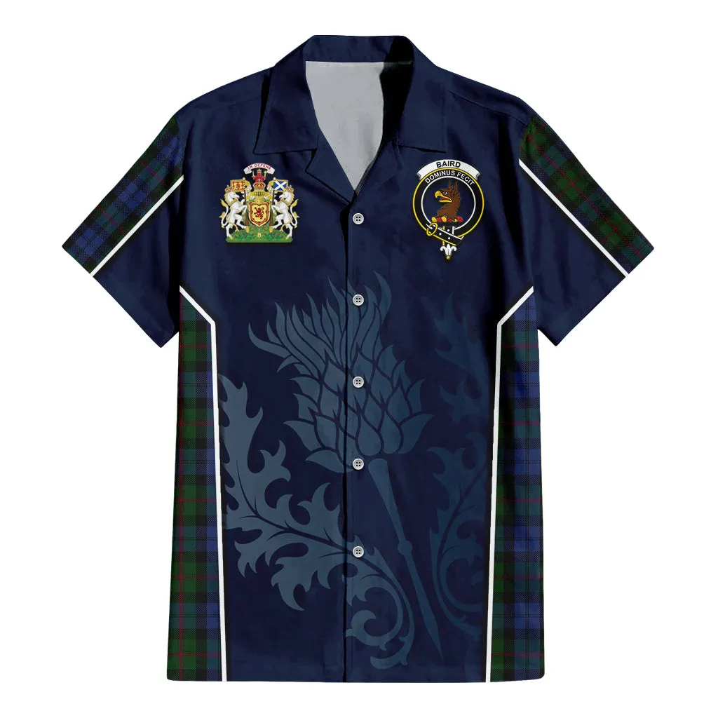 Baird Tartan Short Sleeve Button Up Shirt with Family Crest and Scottish Thistle Vibes Sport Style