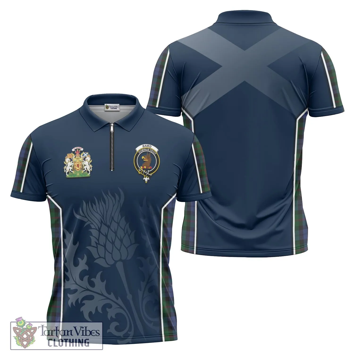 Baird Tartan Zipper Polo Shirt with Family Crest and Scottish Thistle Vibes Sport Style