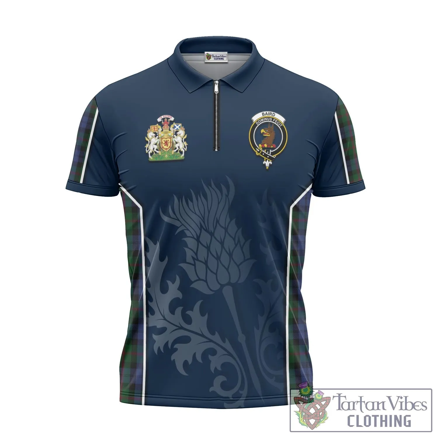 Baird Tartan Zipper Polo Shirt with Family Crest and Scottish Thistle Vibes Sport Style