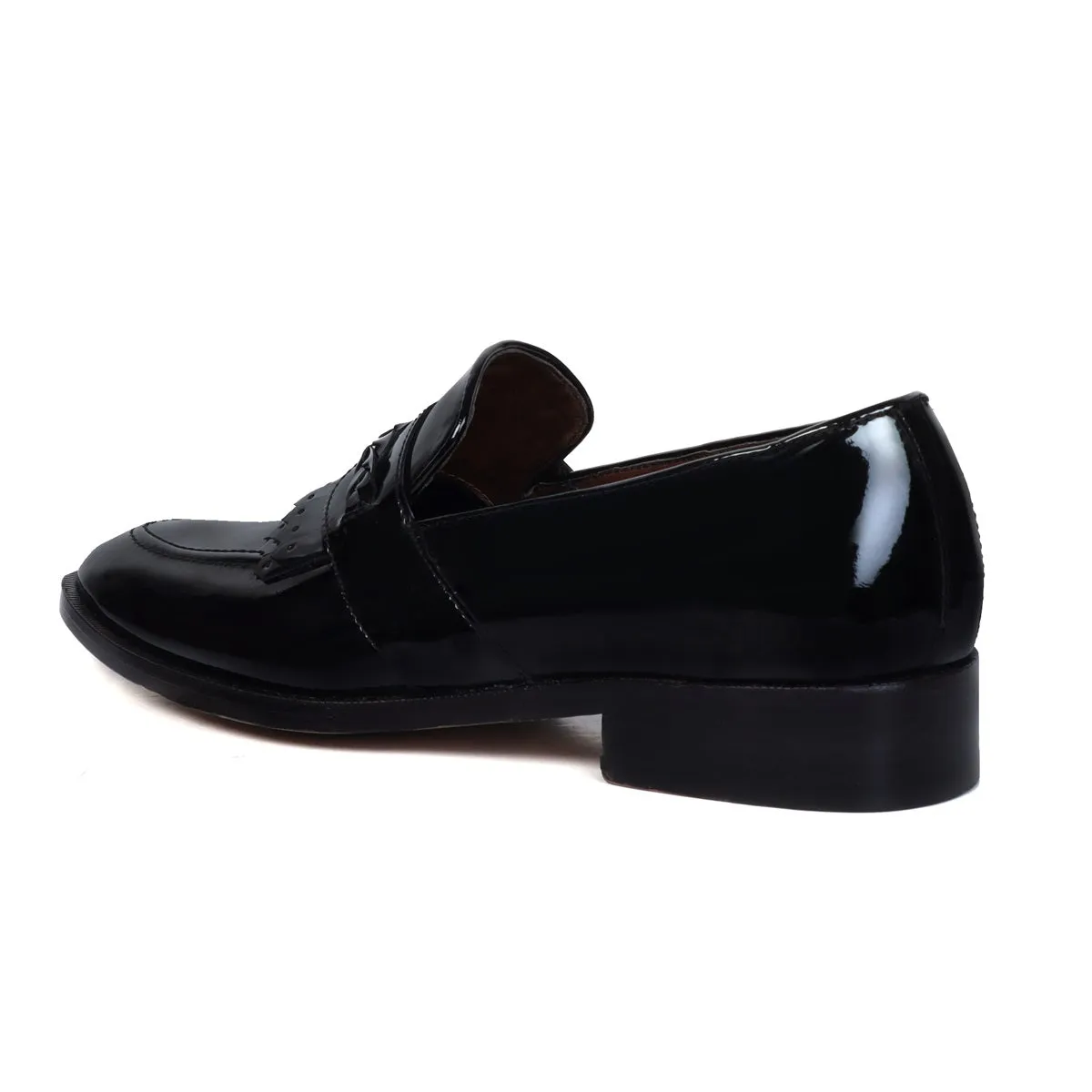 Black Patent Leather Slip-On Loafers with Dual Fringes Weaved Strip by Brune & Bareskin