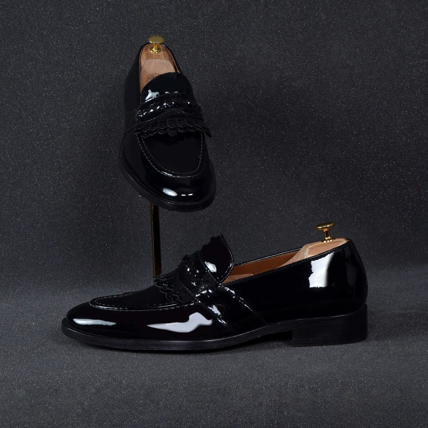 Black Patent Leather Slip-On Loafers with Dual Fringes Weaved Strip by Brune & Bareskin