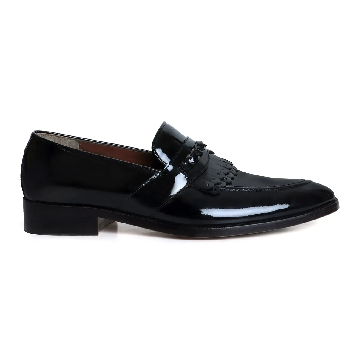 Black Patent Leather Slip-On Loafers with Dual Fringes Weaved Strip by Brune & Bareskin