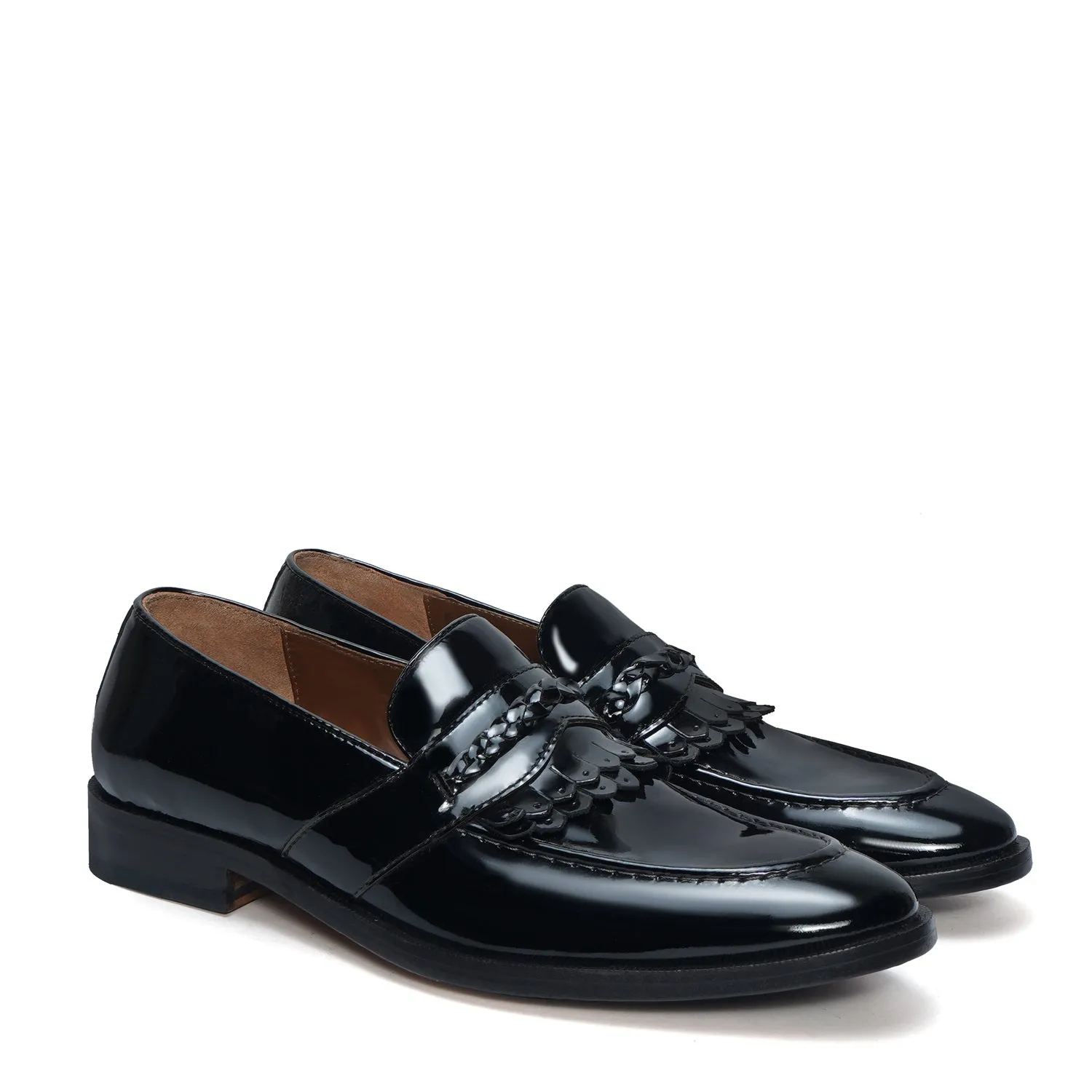 Black Patent Leather Slip-On Loafers with Dual Fringes Weaved Strip by Brune & Bareskin