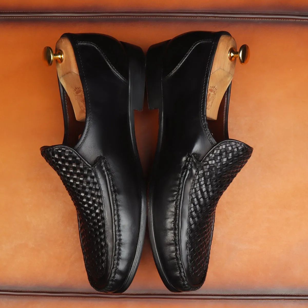 Black Weaved Vamp Leather Loafers For Men