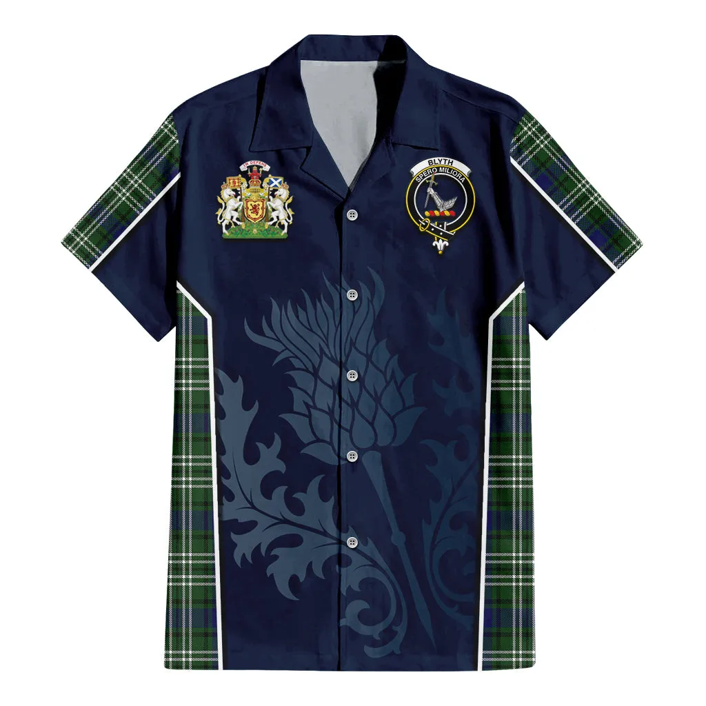 Blyth Tartan Short Sleeve Button Up Shirt with Family Crest and Scottish Thistle Vibes Sport Style