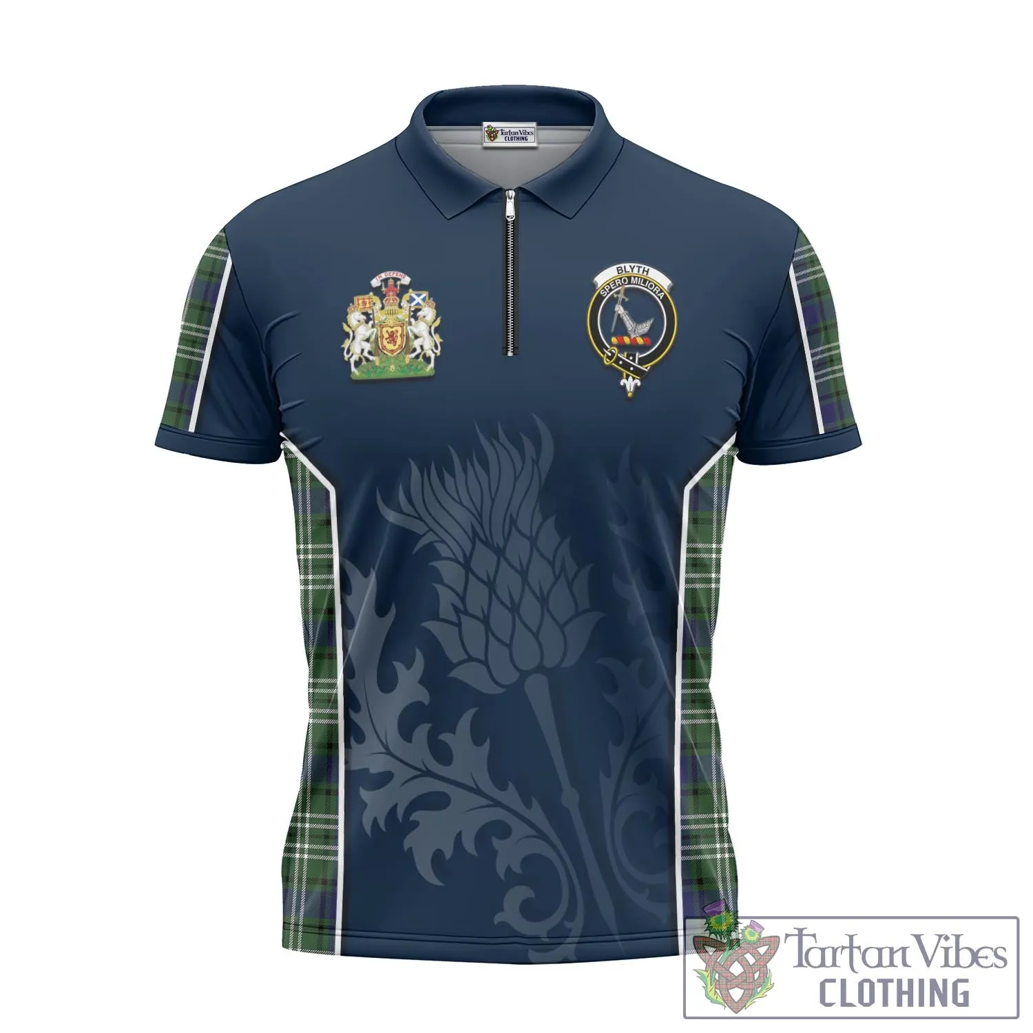 Blyth Tartan Zipper Polo Shirt with Family Crest and Scottish Thistle Vibes Sport Style