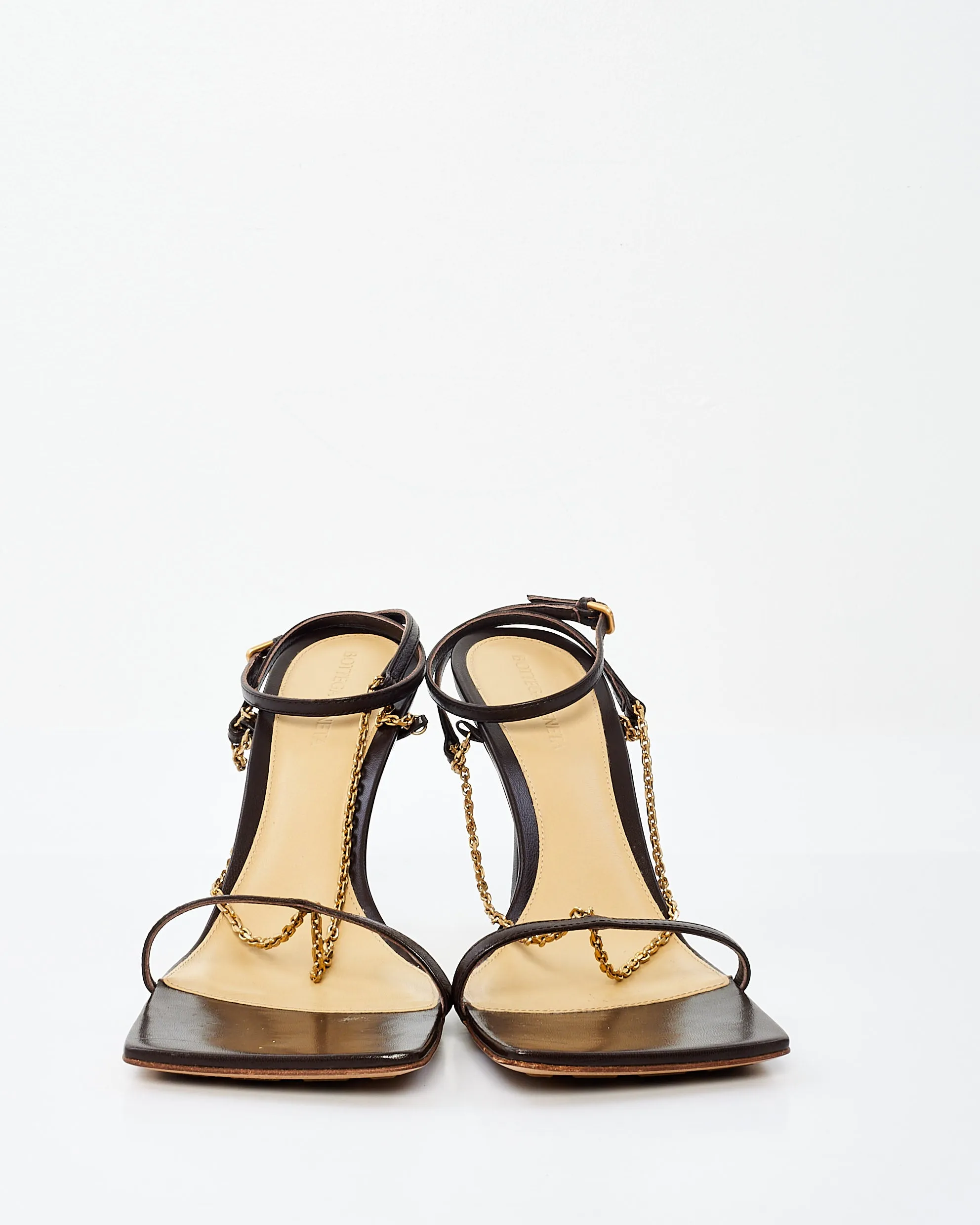 Bottega Veneta Brown Leather Chain Detail Ankle Strap Sandals - 40