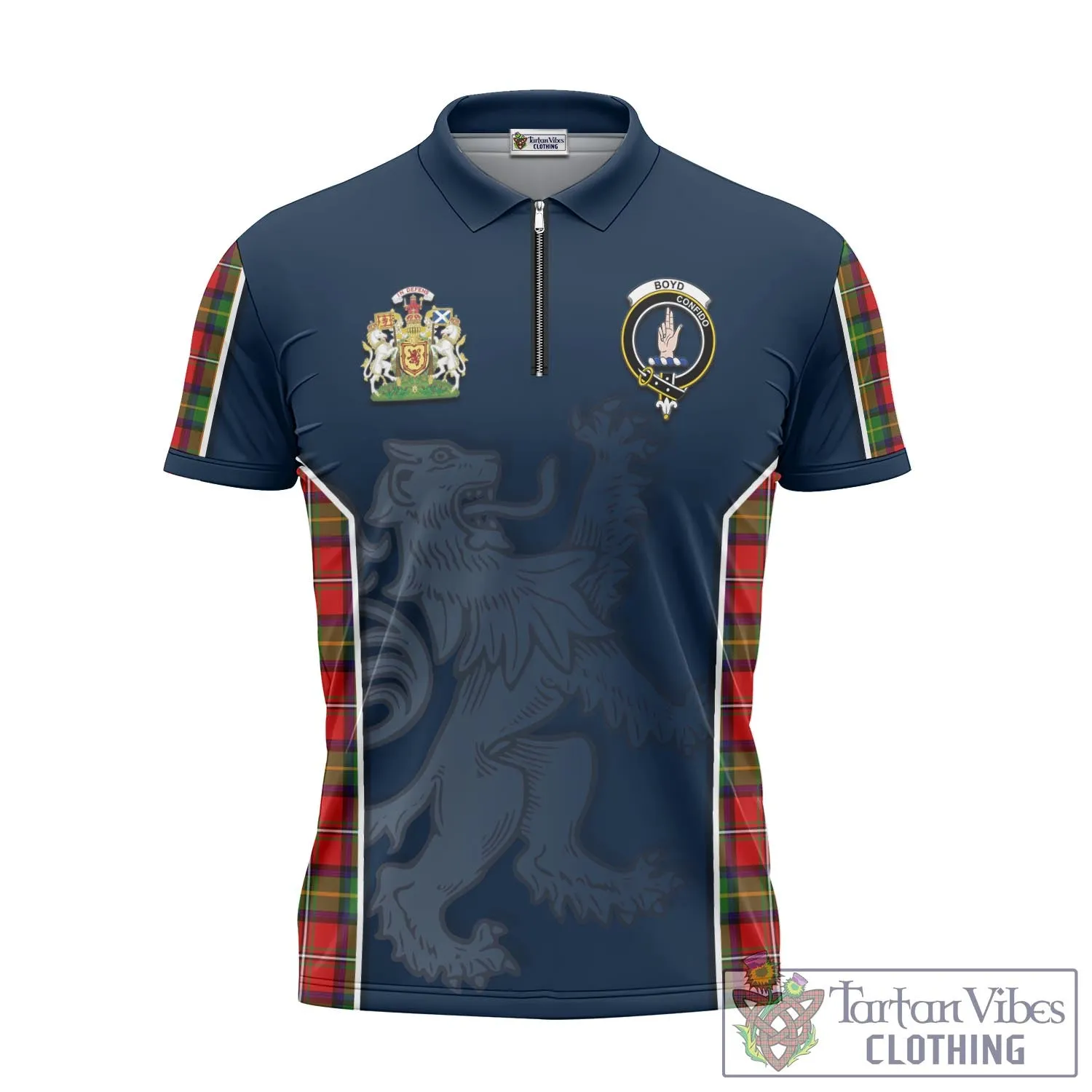 Boyd Tartan Zipper Polo Shirt with Family Crest and Lion Rampant Vibes Sport Style