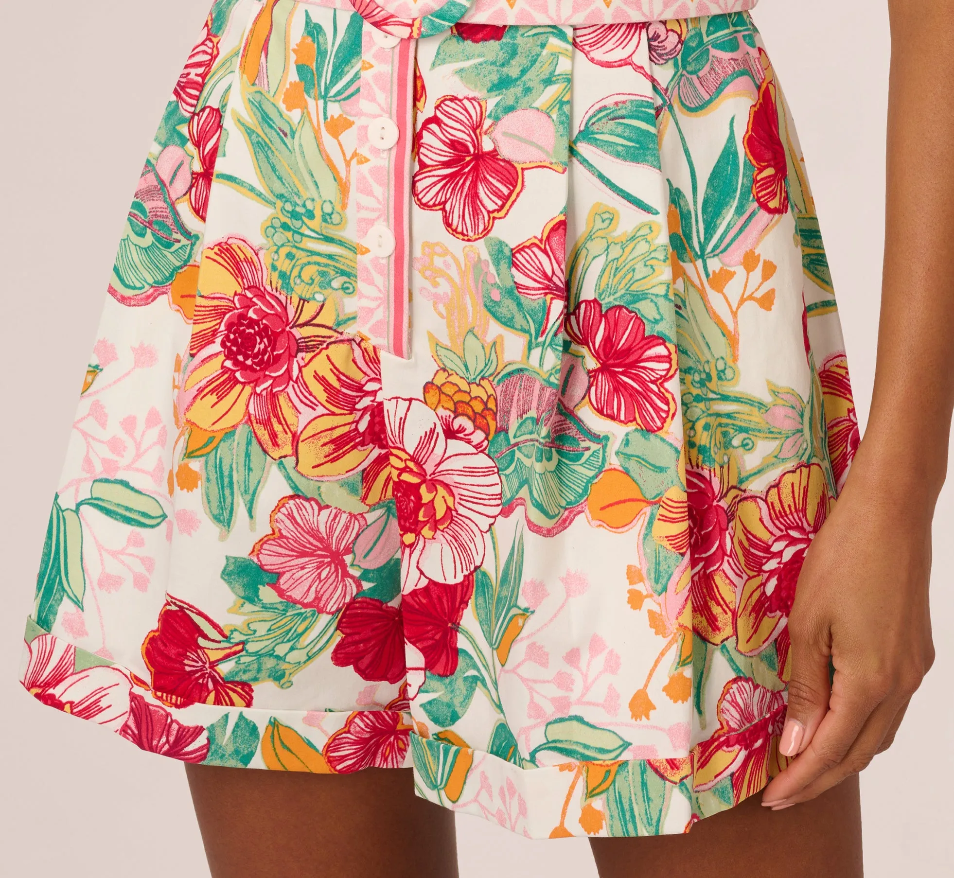 Bright Floral Print Button Up Romper With Belted Waist In Pink-Green Multi