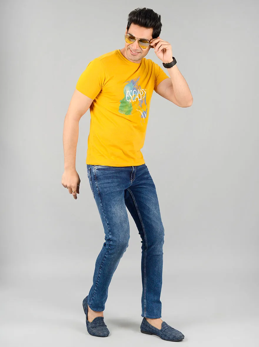 Bright Mustard Yellow Printed Slim Fit T-shirt | JadeBlue