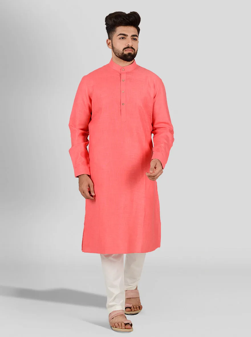 Bright Pink Self Textured Regular Fit Modi Kurta | JadeBlue