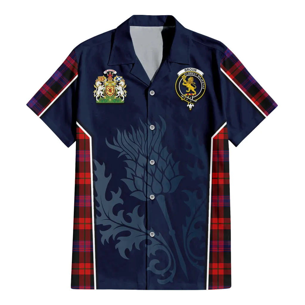 Broun Modern Tartan Short Sleeve Button Up Shirt with Family Crest and Scottish Thistle Vibes Sport Style