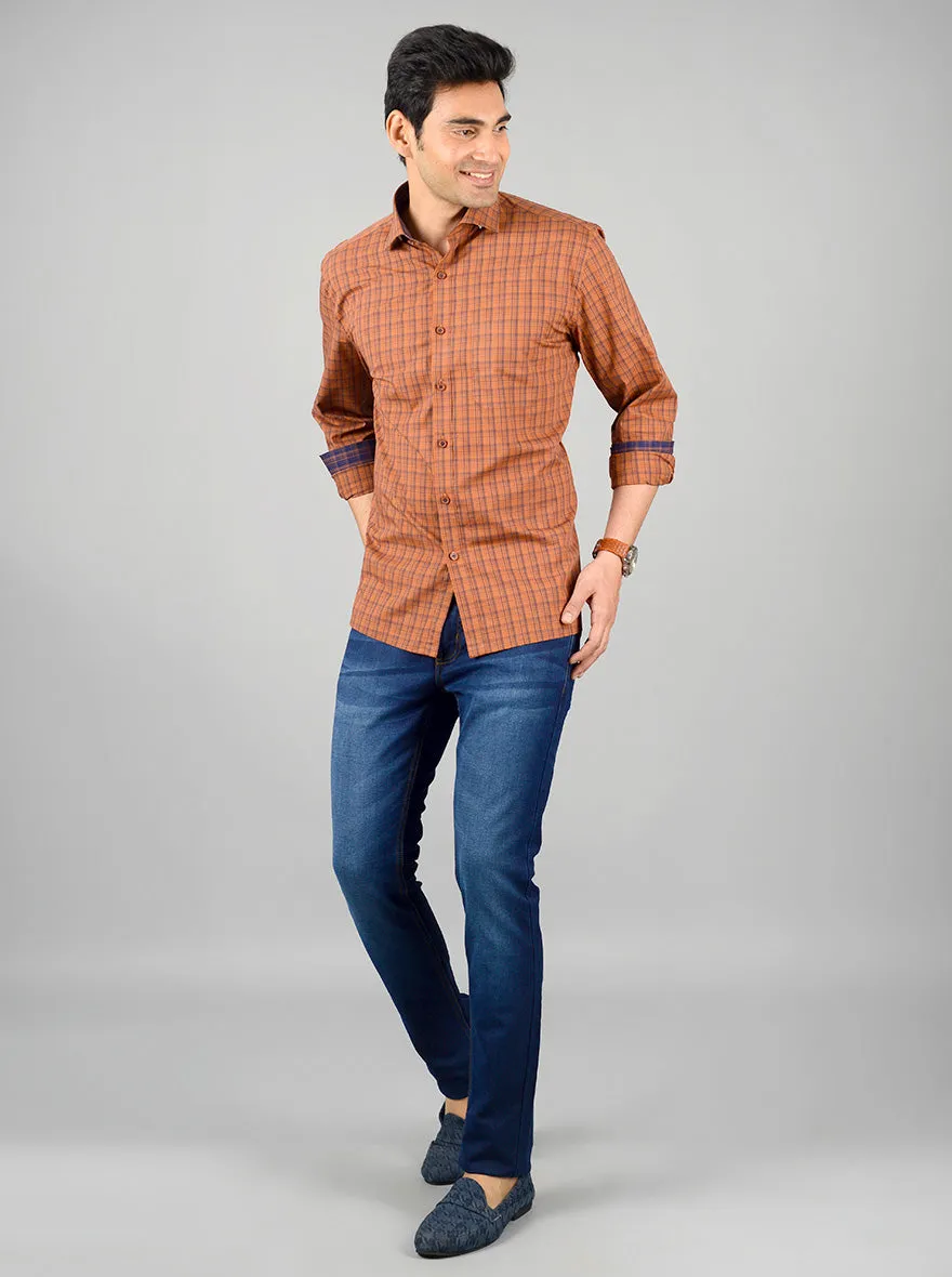 Brown & Blue Checked Regular Fit Formal Shirt | JadeBlue