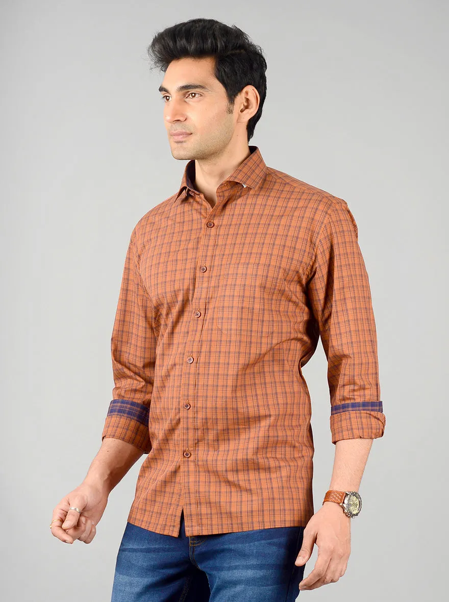 Brown & Blue Checked Regular Fit Formal Shirt | JadeBlue