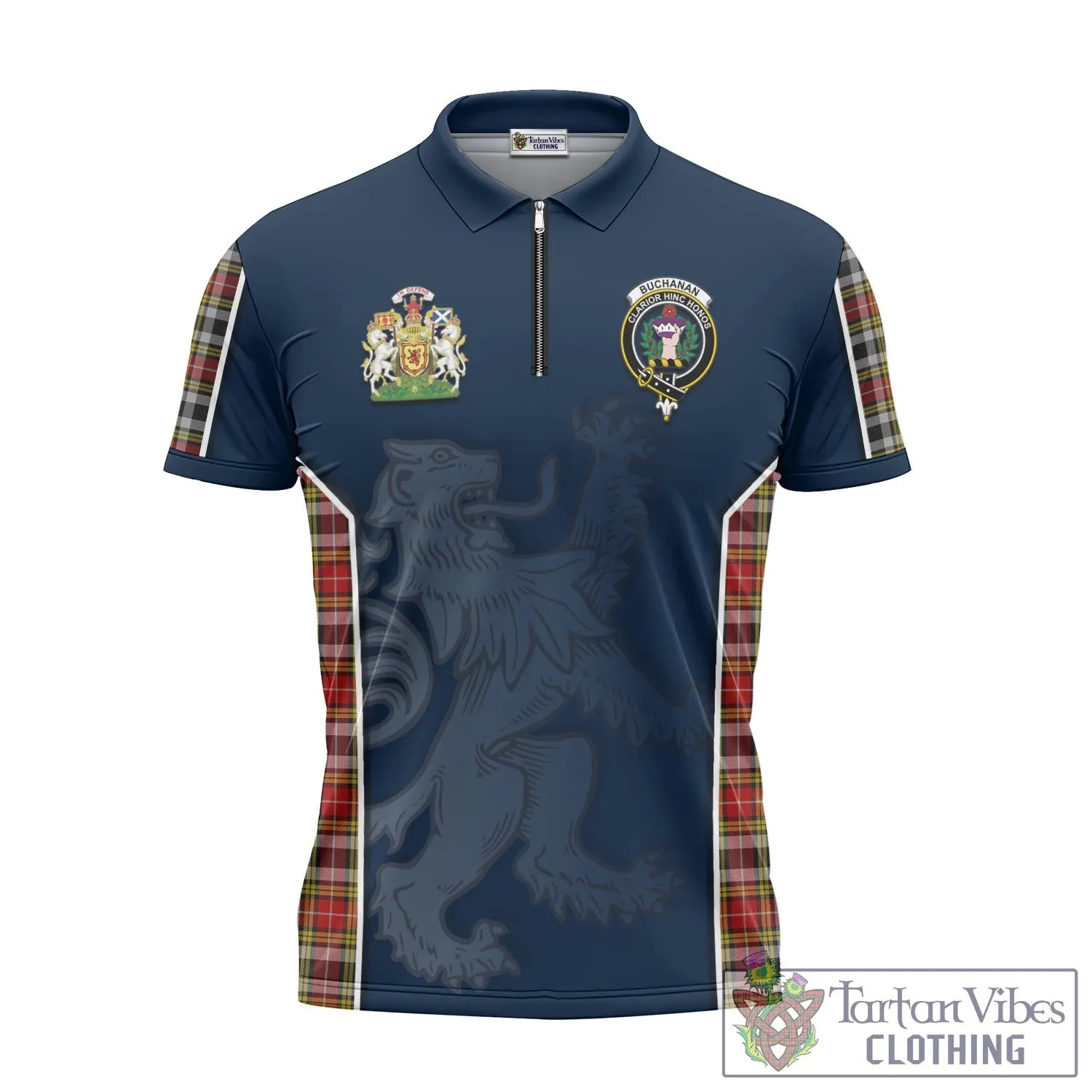 Buchanan Old Dress Tartan Zipper Polo Shirt with Family Crest and Lion Rampant Vibes Sport Style