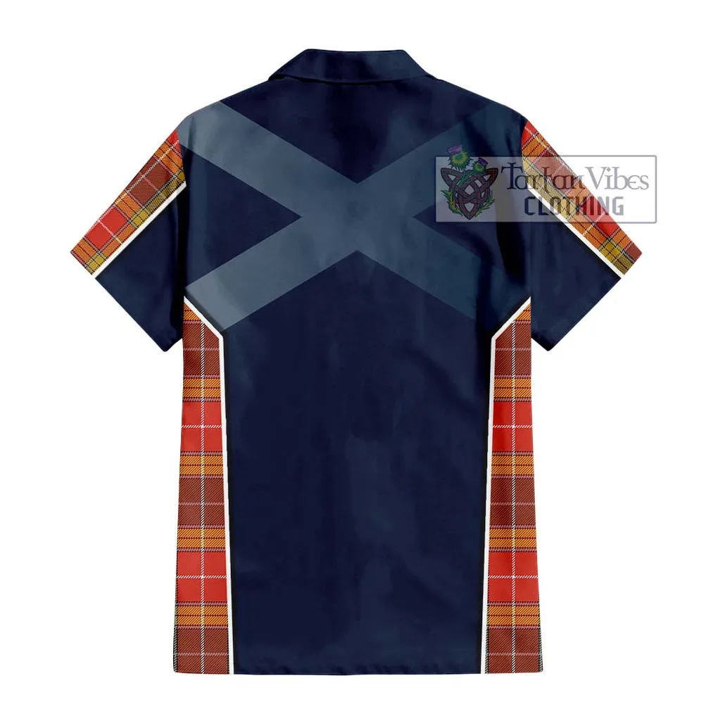 Buchanan Old Set Weathered Tartan Short Sleeve Button Shirt with Family Crest and Lion Rampant Vibes Sport Style