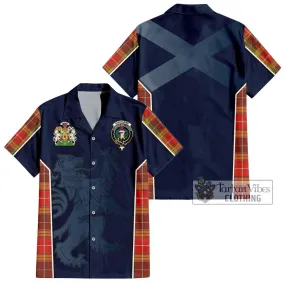 Buchanan Old Set Weathered Tartan Short Sleeve Button Shirt with Family Crest and Lion Rampant Vibes Sport Style