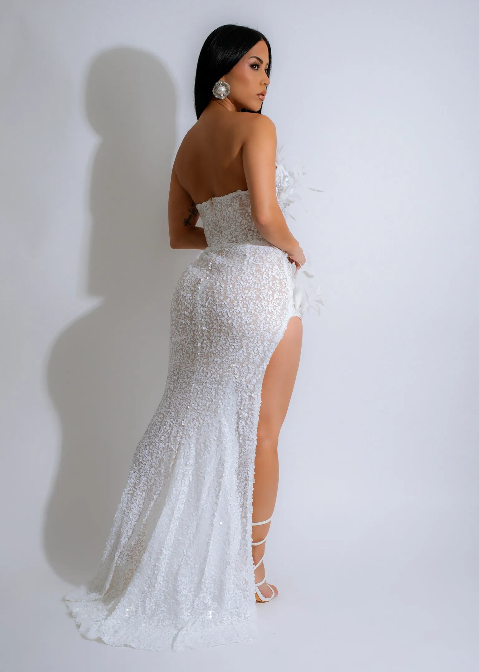 Celestial Plume Mesh Pearl Maxi Dress White