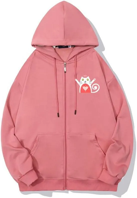 CORIRESHA Teen Cute Cat Heart Zip Hoodie Long Sleeve Casual Sweatshirt