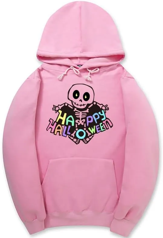 CORIRESHA Women's Teen Halloween Skeleton Hoodie Long Sleeve Drawstring Pocket Letters Sweatshirt