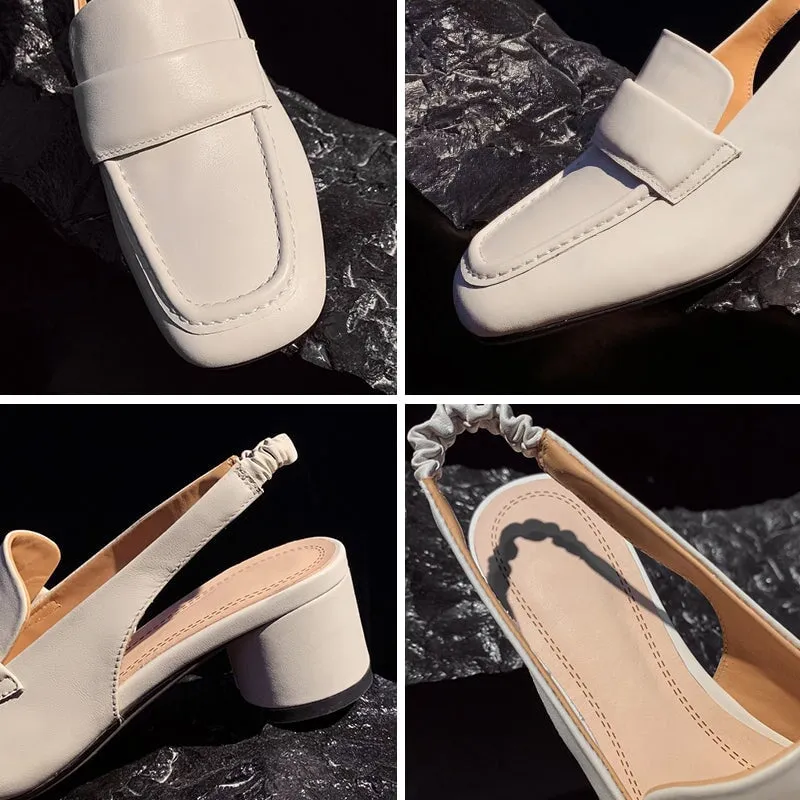 Cow Leather Block Heel Sandals Slingback Loafers in Beige/Black