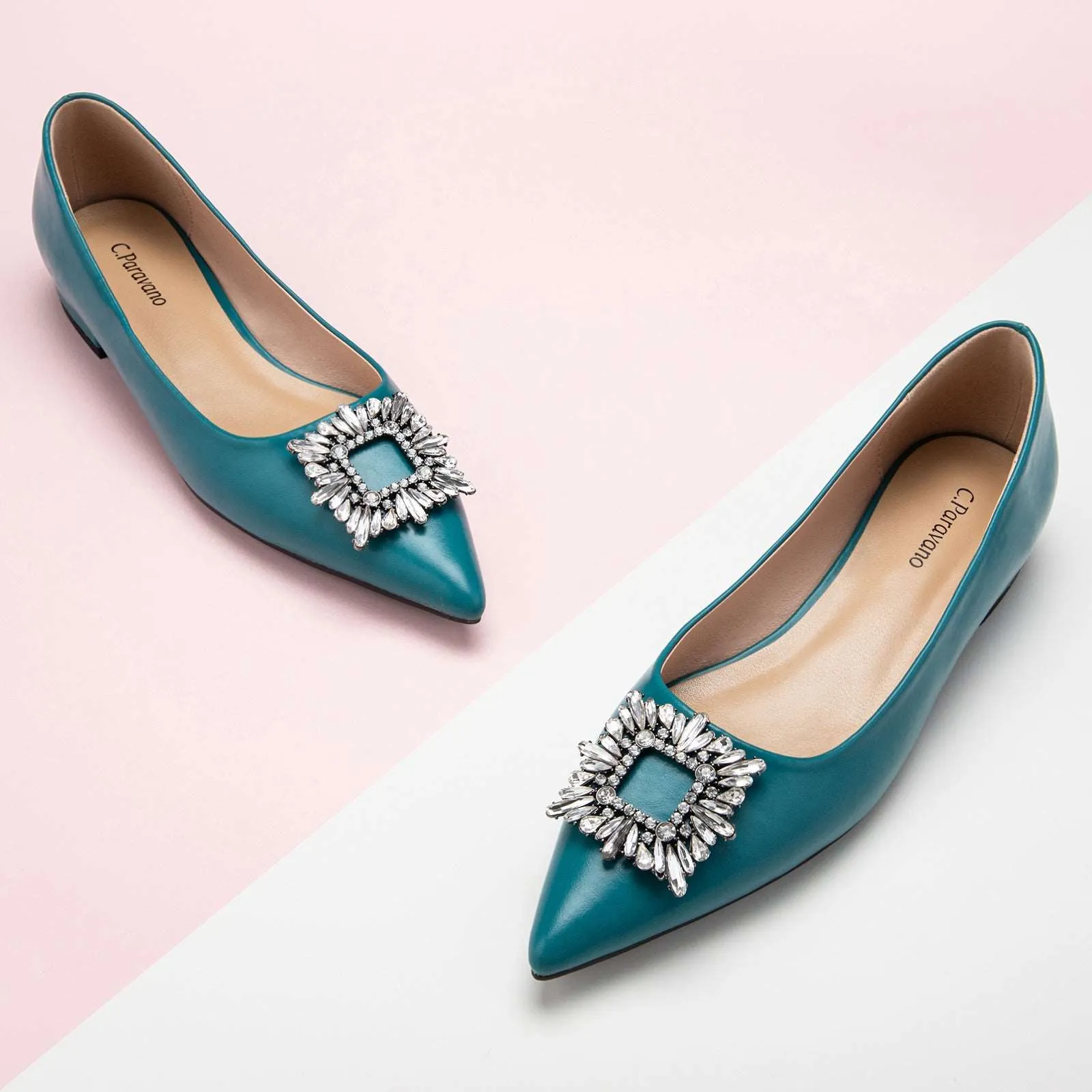 Crystal Buckle Flats (Aida) Peacock Blue