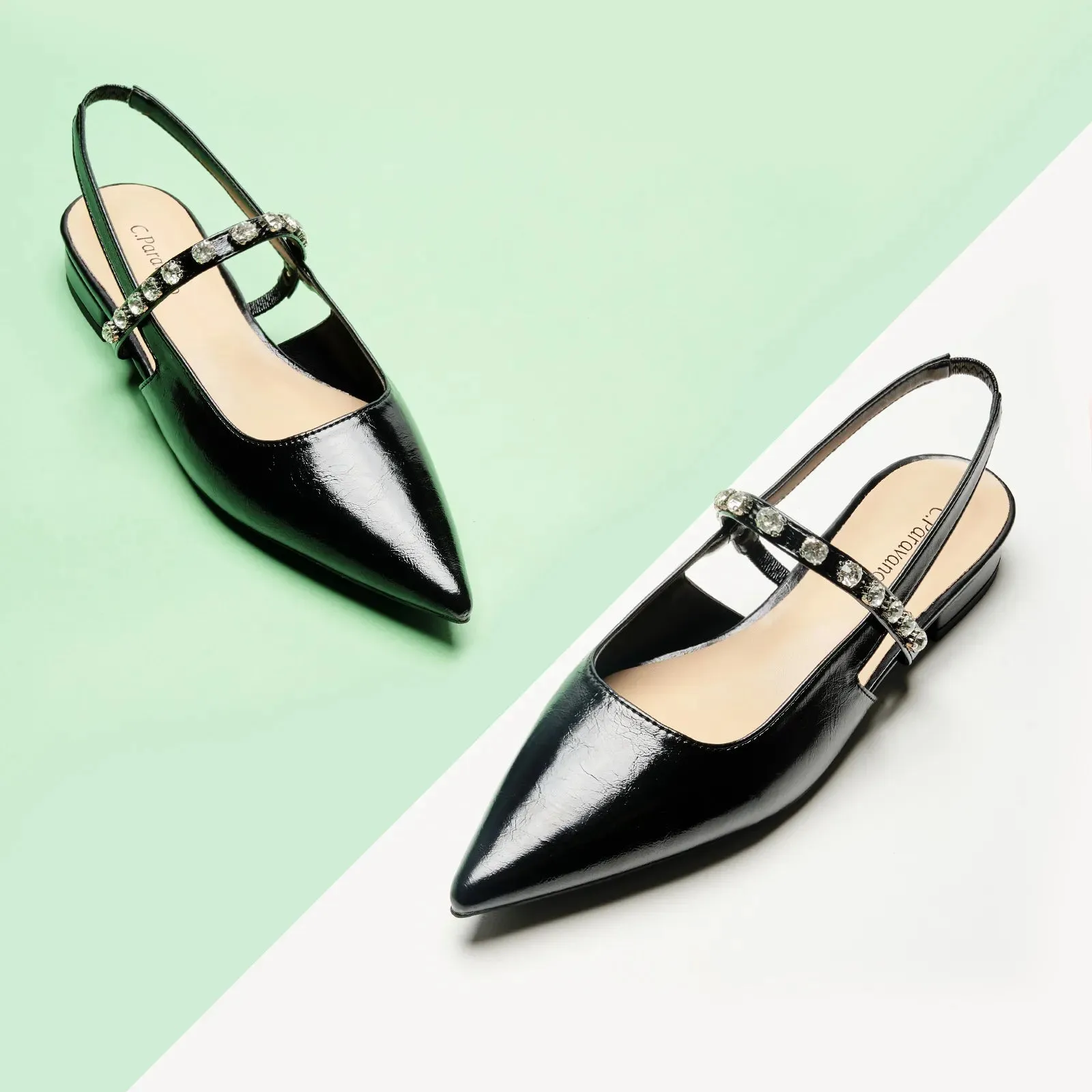 Crystal Strap Slingback Flats (Aida) Black