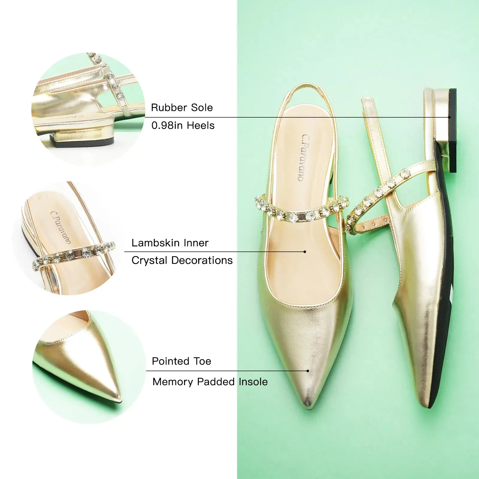 Crystal Strap Slingback Flats (Aida) Gold