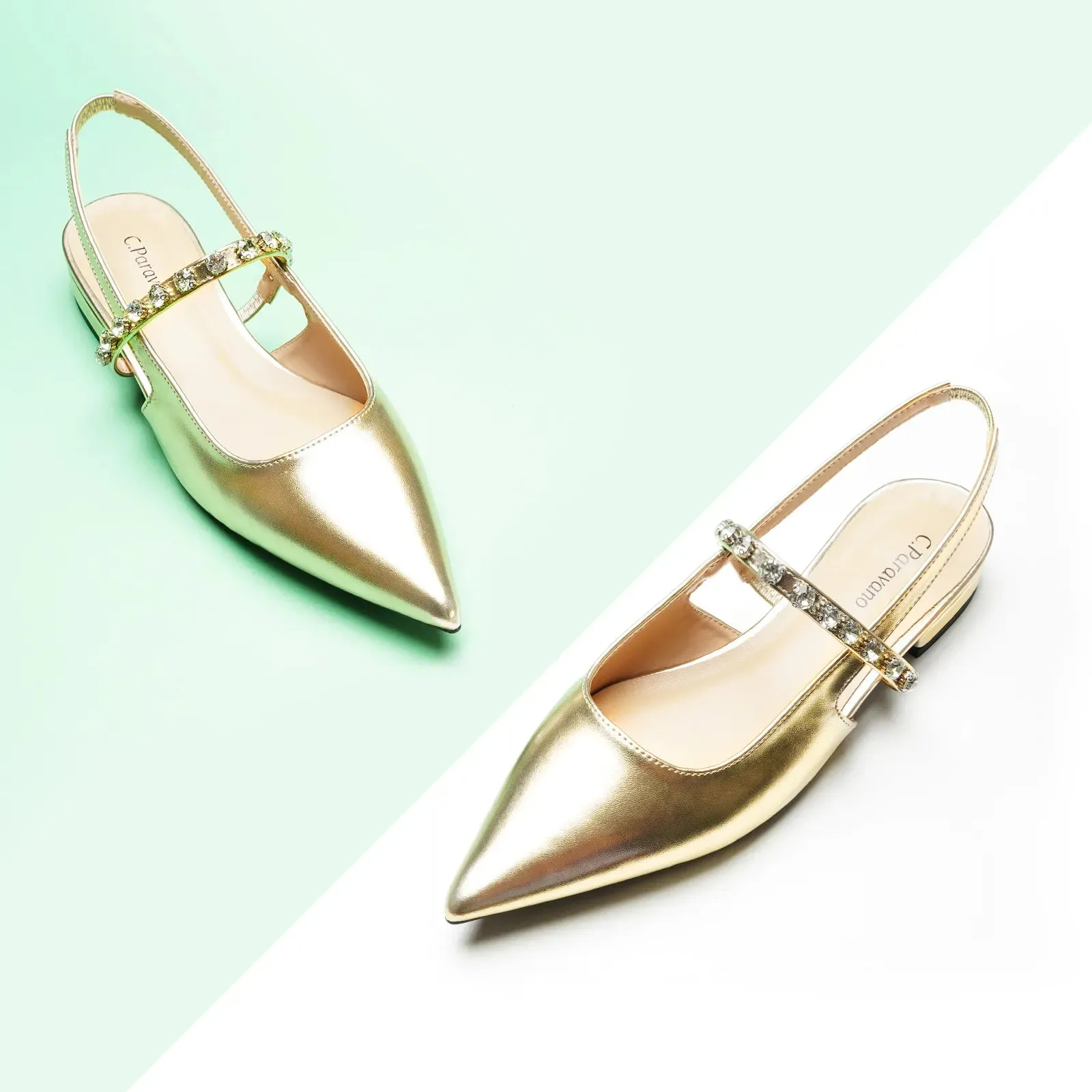 Crystal Strap Slingback Flats (Aida) Gold