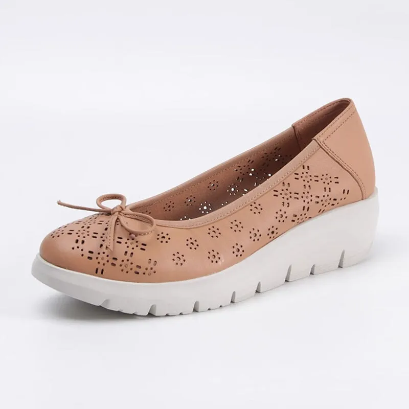 Cut Out Bowknot-Detailed Soft Leather Loafers for Women Light Wedge Heel in Apricot/White