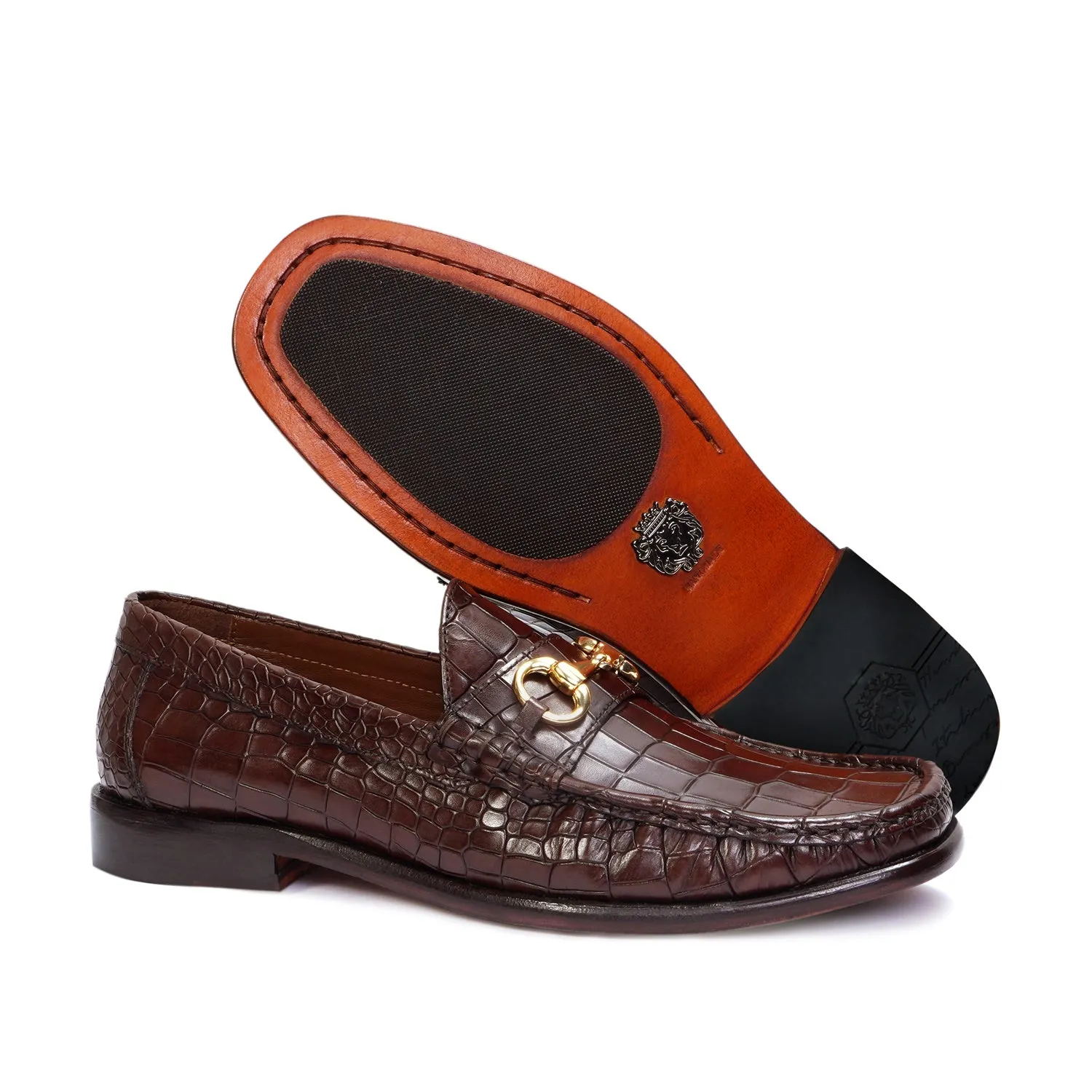 Dark Brown Leather Loafers in Croco Textured