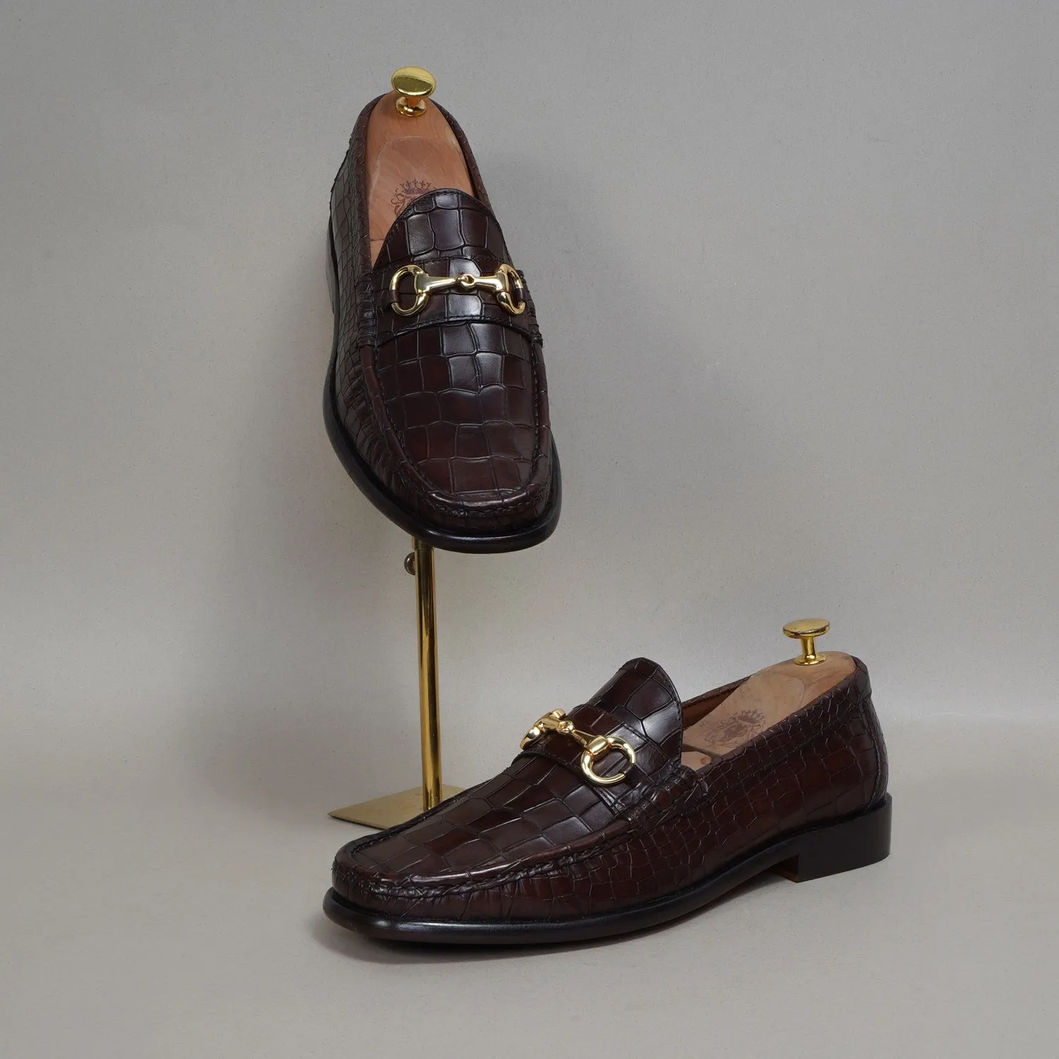 Dark Brown Leather Loafers in Croco Textured