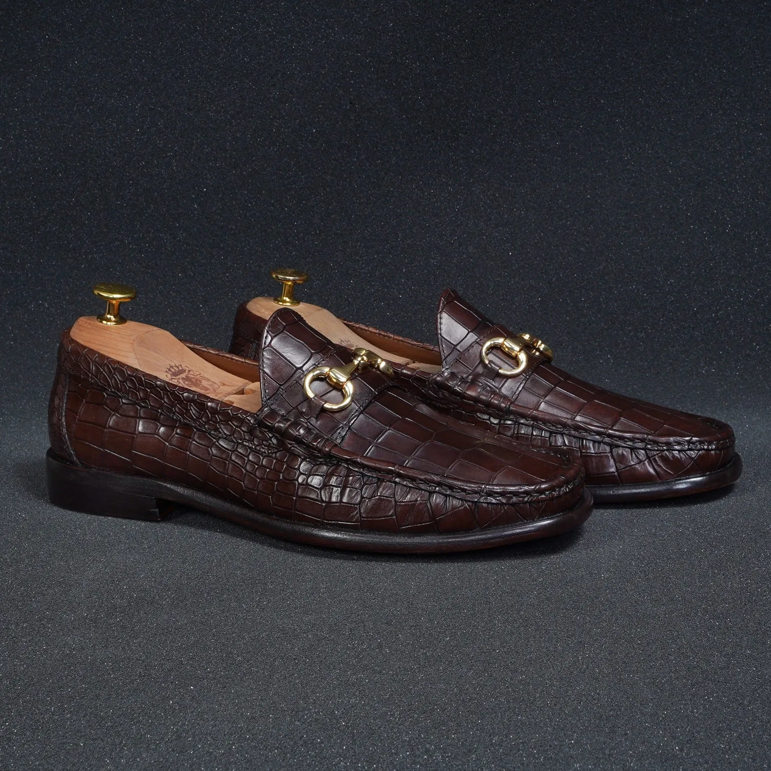 Dark Brown Leather Loafers in Croco Textured