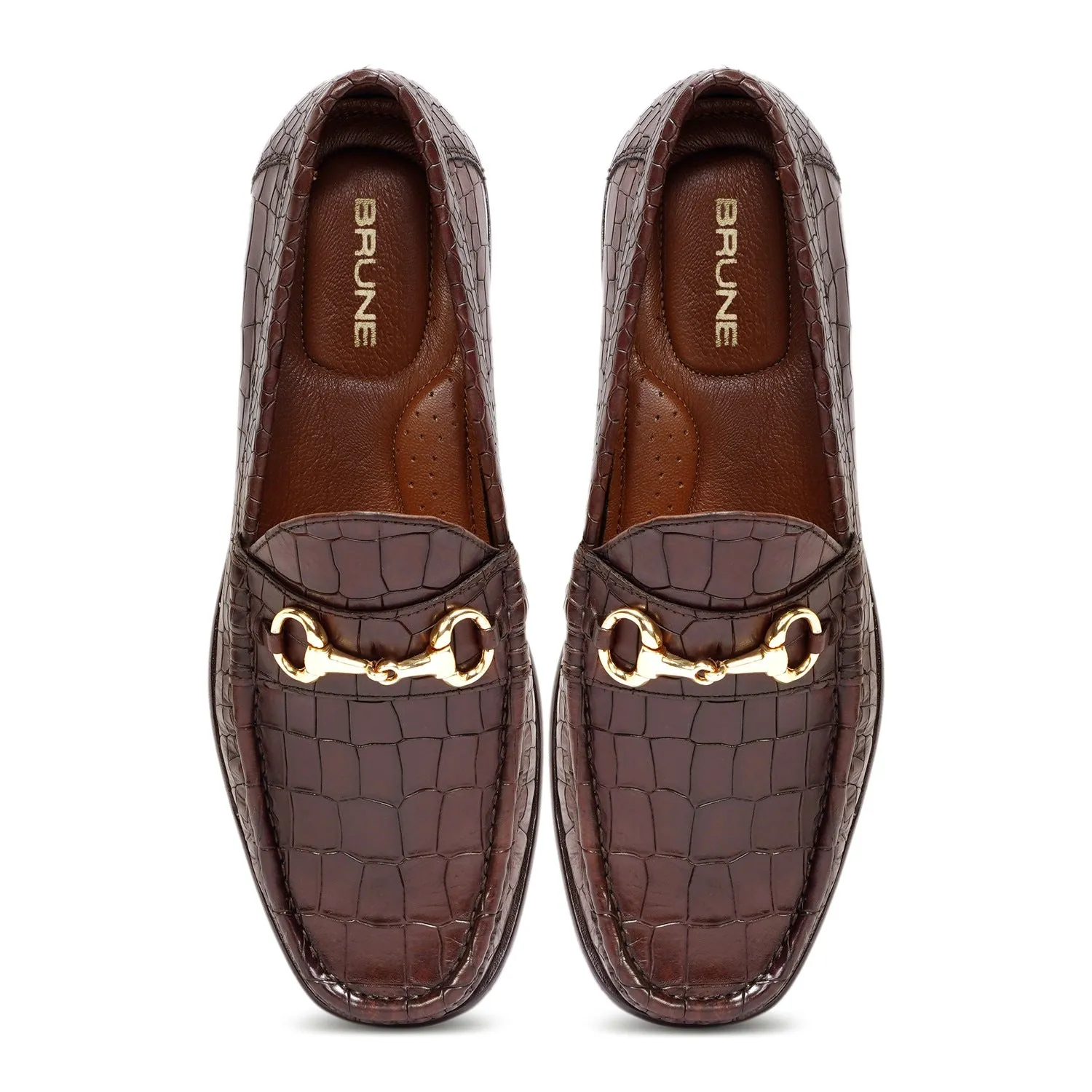 Dark Brown Leather Loafers in Croco Textured