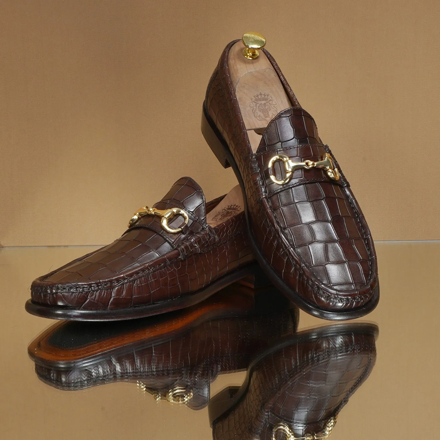 Dark Brown Leather Loafers in Croco Textured