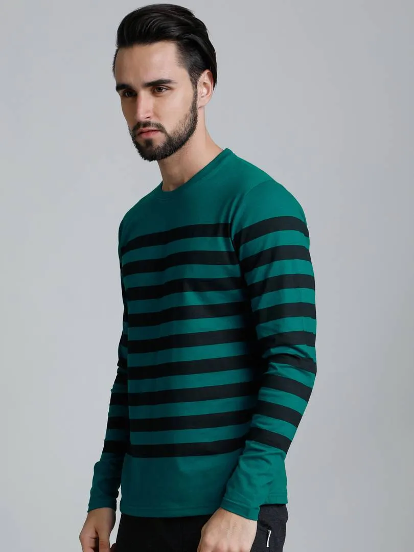 Dillinger Men's Green Striped Cotton Round Neck T Shirt